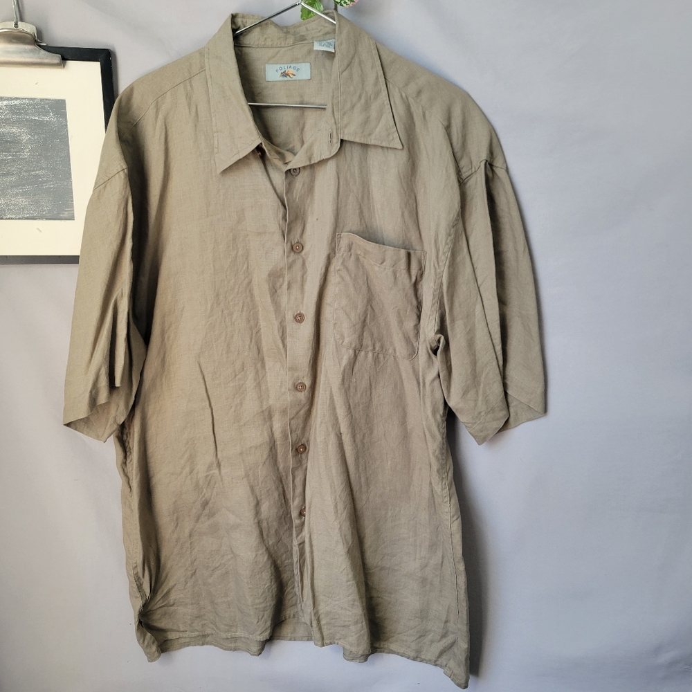Foliage‎ Men's Linen Short Sleeve Button Down Shirt Green XXL